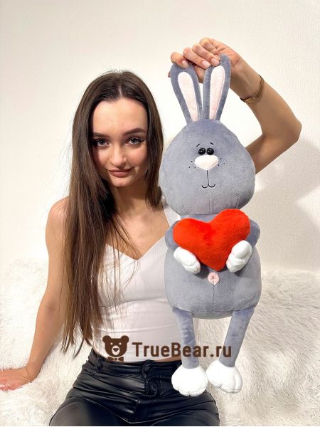 Мягкая игрушка Зайка "Боня" серый с сердечком 55 см 